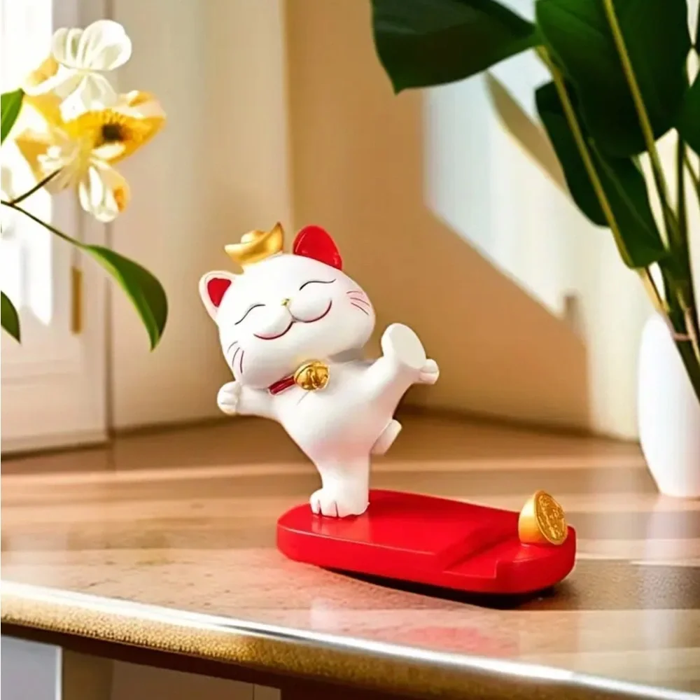 Lucky Cat Desk Phone Stand Figurine with Red Base